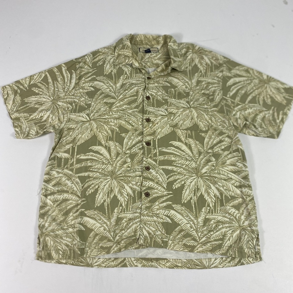 Tommy Bahama Shirt Mens L Green Silk Floral Camp Short Sleeve Button Front